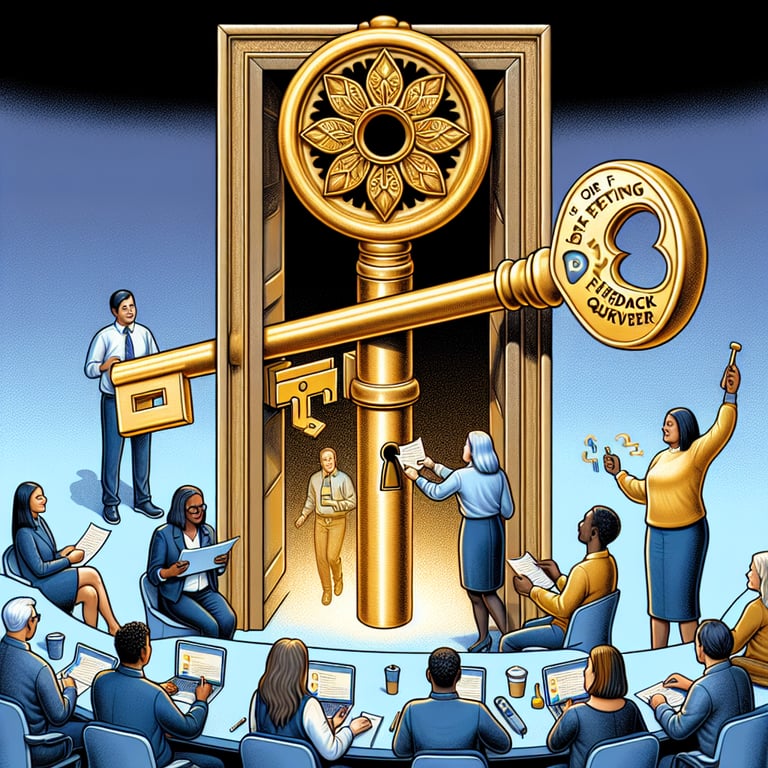 Illustration depicting the concept of unlocking the power of Staff Meeting Feedback survey questions.