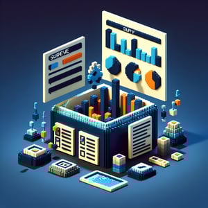 3D voxel art depicting online government surveys with a dark blue background.