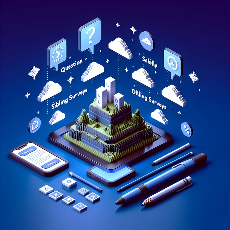 3D voxel art depicting online sibling surveys on a dark blue background.