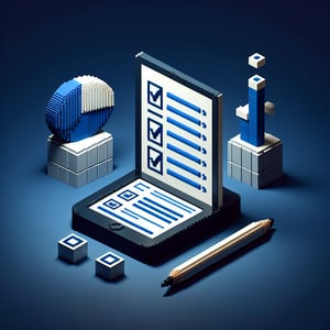 3D voxel art depicting online political bias surveys on a dark blue background.
