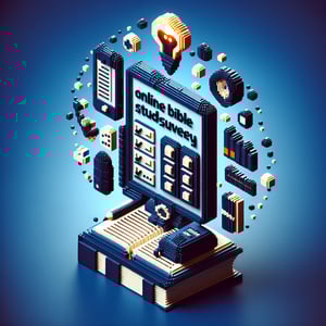 3D voxel art depicting online bible study survey concept on a dark blue background.
