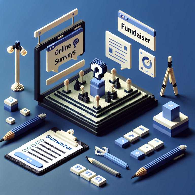 3D voxel art depicting the concept of online fundraiser surveys on a dark blue background.