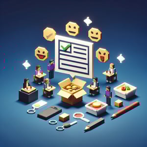 3D voxel art depicting the concept of online food service customer satisfaction surveys on a dark blue background.