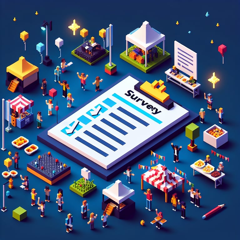 Artistic 3D voxel illustrating vibrant festival survey elements