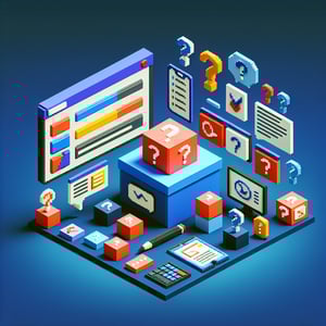 3D voxel art depicting online employee survey process on a dark blue background.
