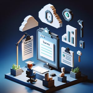 3D voxel art depicting online surveys, set against a dark blue background, symbolizing cloud survey questions.