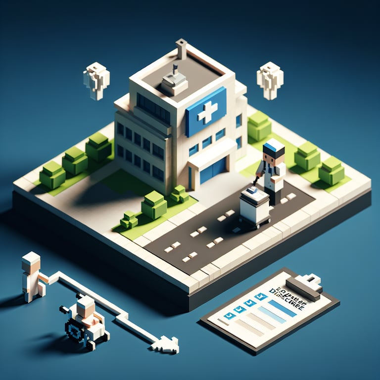 3D voxel art depicting online hospital discharge survey process on a dark blue background.