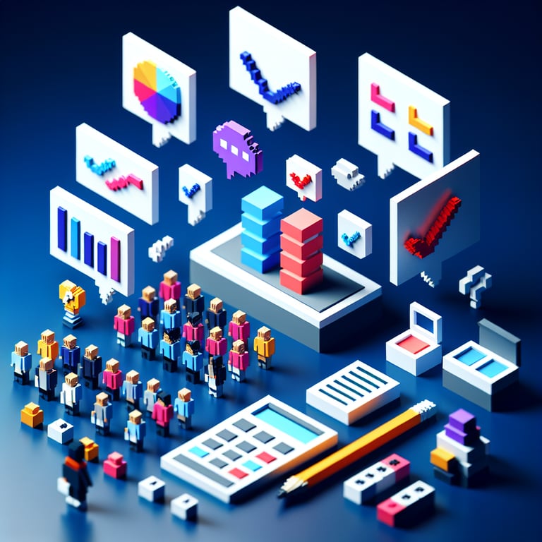 3D voxel art depicting online training surveys against a dark blue background.
