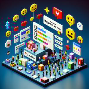 3D voxel art depicting the concept of online happiness surveys on a dark blue background.