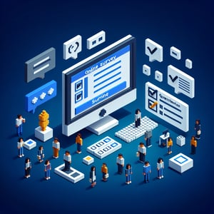 3D voxel art depicting the concept of online surveys and questions on a dark blue background.