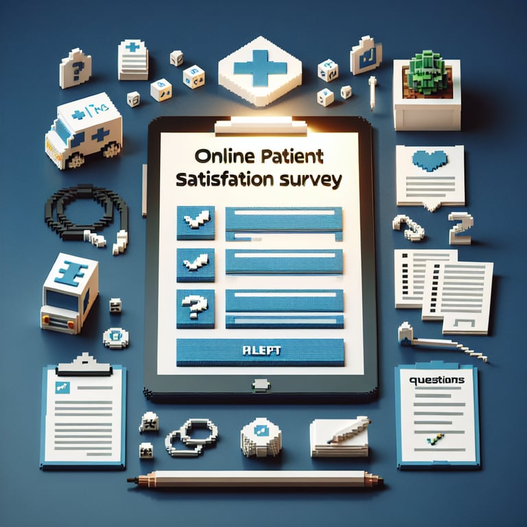 3D voxel art depicting online patient satisfaction survey concept on a dark blue background.