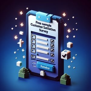 3D voxel art depicting online surveys for free sample customer satisfaction on a dark blue background.