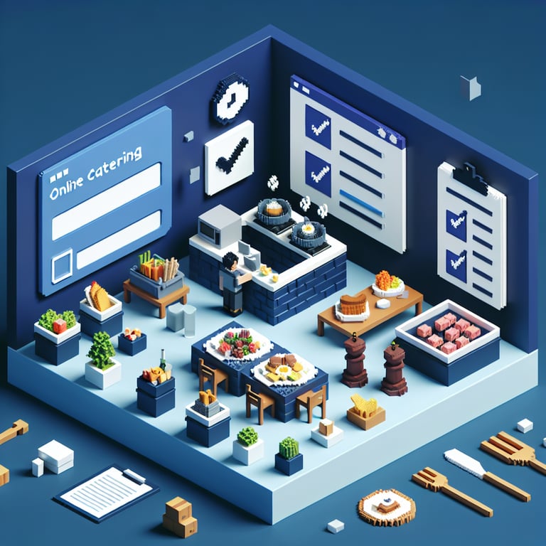 3D voxel art depicting online catering feedback survey process on a dark blue background.