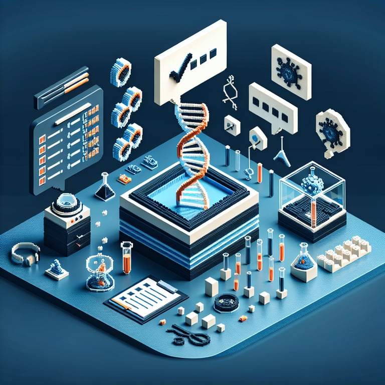 Artistic 3D voxel representation of biotech survey data visualization on a dark background