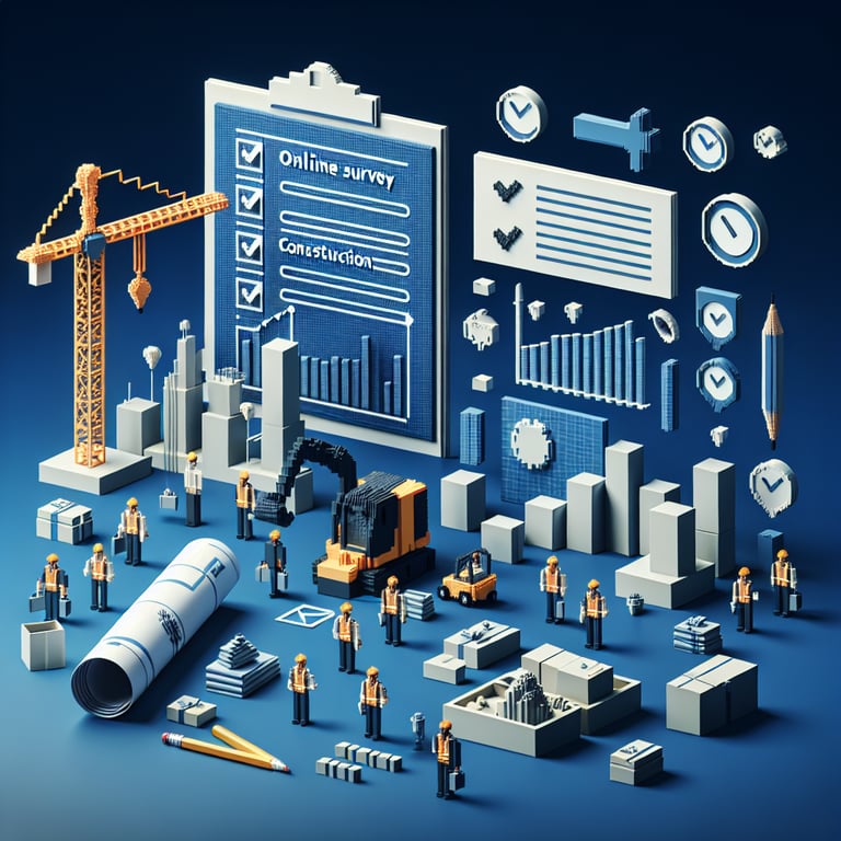 3D voxel art depicting online construction project surveys on a dark blue background.