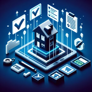 3D voxel art depicting online property management surveys on a dark blue background.