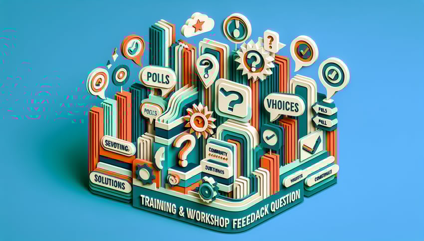 Paper-cut style illustration depicting various employee training survey questions and feedback options.