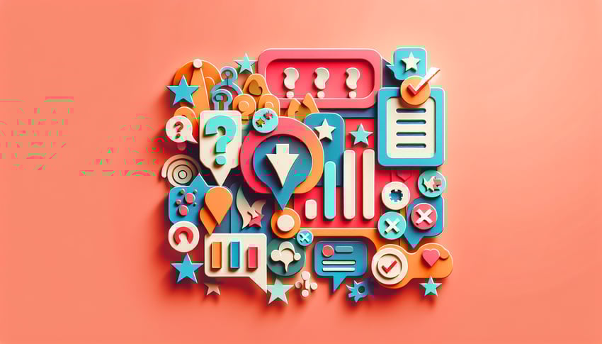 Paper-cut style illustration depicting various presentation feedback questions and poll templates.