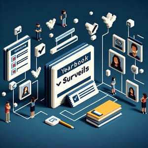 3D voxel art depicting online yearbook surveys with a dark blue background.