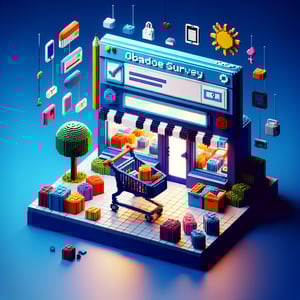3D voxel art depicting online surveys, symbolizing abandoned cart survey questions on a dark blue background.