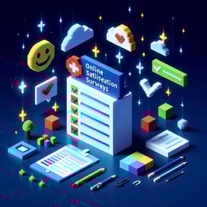 3D voxel art depicting online survey process, symbolizing partner satisfaction surveys on a dark blue background.