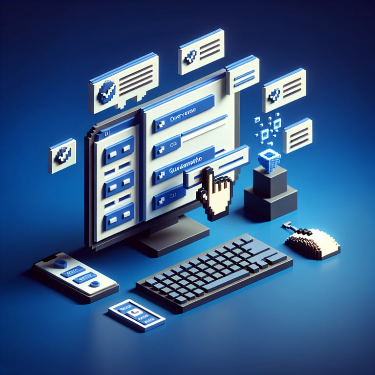 3D voxel art depicting online account management surveys on a dark blue background.