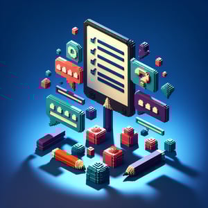 3D voxel art depicting online end of course survey concept on a dark blue background.