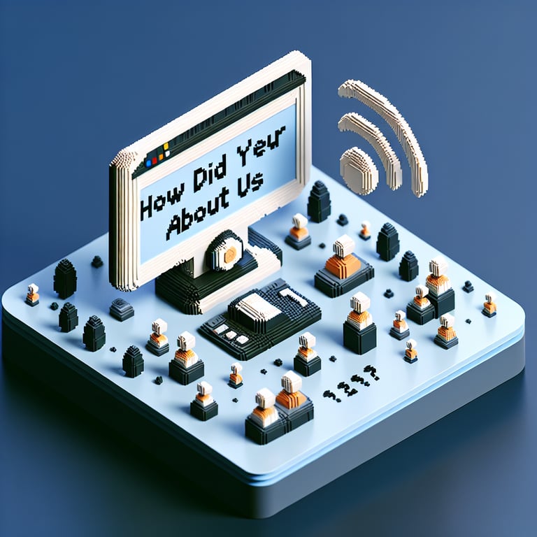 3D voxel art depicting the concept of online 'how did you hear about us' surveys on a dark blue background.