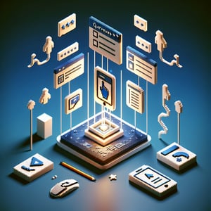 3D voxel art depicting online knowledge surveys with engaging elements on a dark blue background.