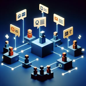 3D voxel art depicting online peer to peer surveys, with engaging elements on a dark blue background.