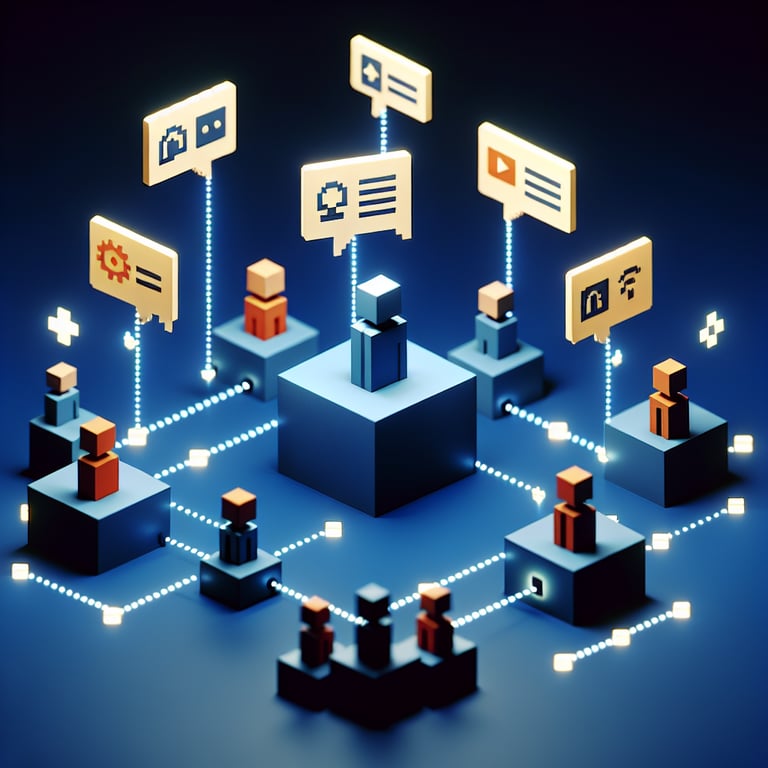 3D voxel art depicting online peer to peer surveys, with engaging elements on a dark blue background.