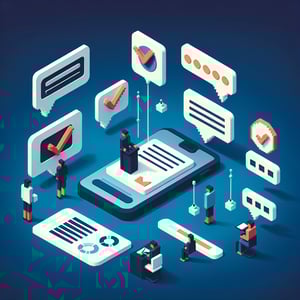 3D voxel art depicting online presentation feedback survey process on a dark blue background.