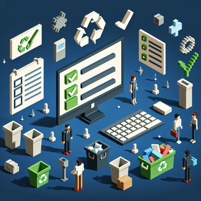 3D voxel art depicting online recycling surveys, with a dark blue background.