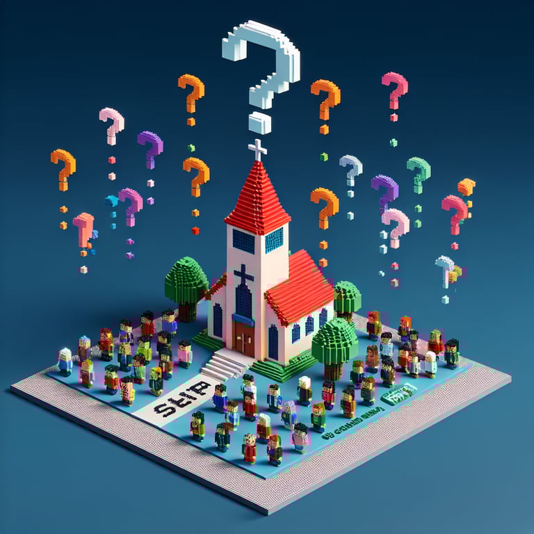 3D voxel art depicting online demographic church surveys on a dark blue background.