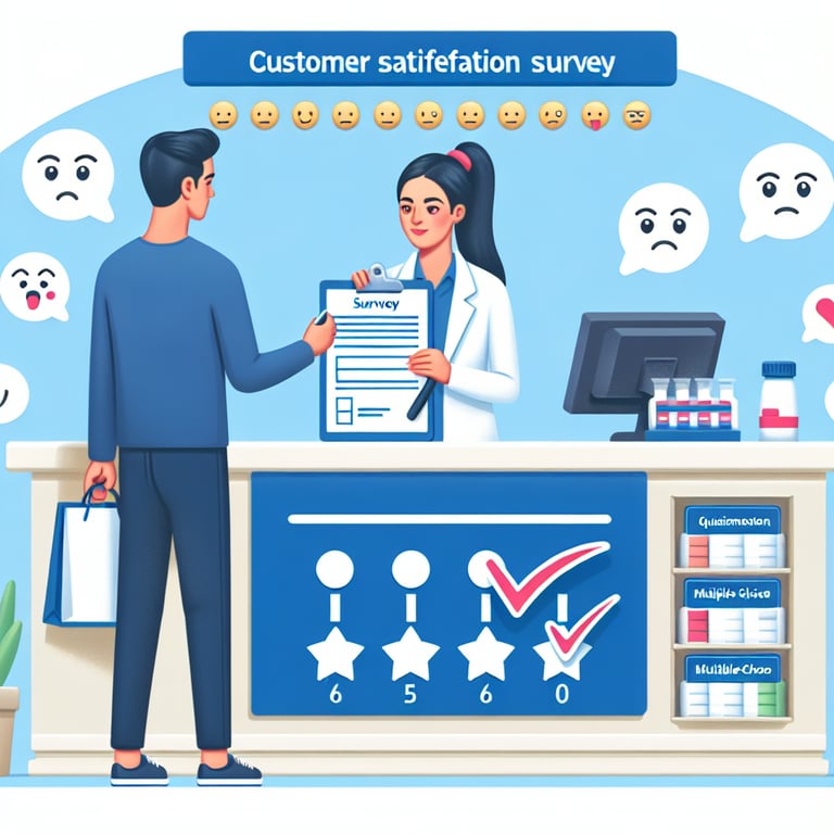 Illustration of Walgreens Customer Satisfaction survey questions as a key tool for improvement.