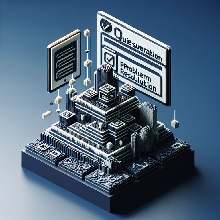 3D voxel art depicting online surveys with problem resolution questions on a dark blue background.
