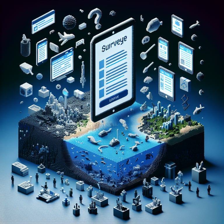 3D voxel art depicting online plastic pollution survey concept on a dark blue background.