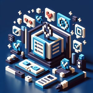 3D voxel art depicting online surveys, ideal for parent involvement survey questions with a dark blue background.