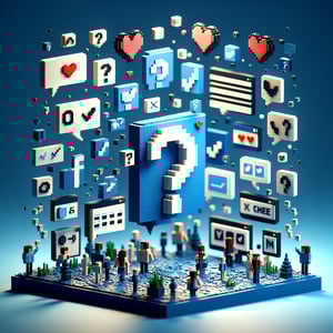 3D voxel art depicting online surveys on social media and relationships on a dark blue background.