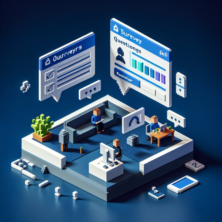 3D voxel art depicting an online survey concept, with a dark blue background, for a company wellness program.