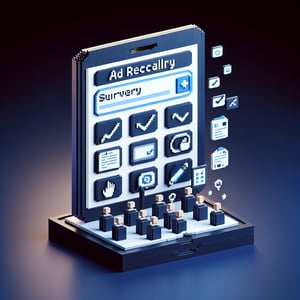 3D voxel art depicting the concept of online ad recall surveys on a dark blue background.