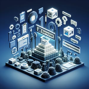 3D voxel art depicting online survey concept on a dark blue background for business process improvement.