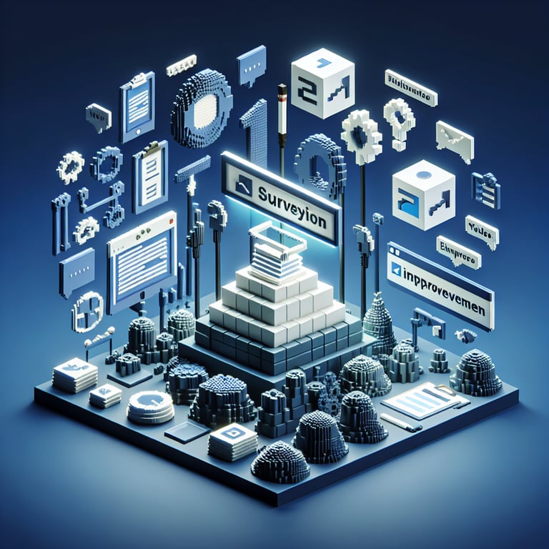 3D voxel art depicting online survey concept on a dark blue background for business process improvement.
