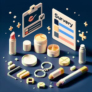 3D voxel art depicting an online survey concept, themed around lip balm, set against a dark blue background.