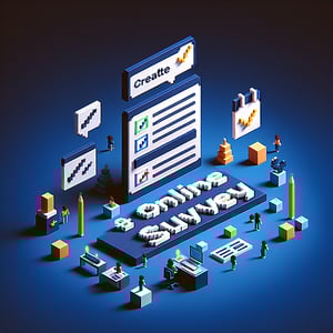 3D voxel art depicting the concept of online customer review surveys on a dark blue background.