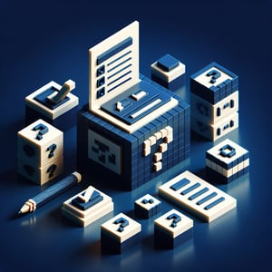 3D voxel art depicting the concept of online service surveys on a dark blue background.