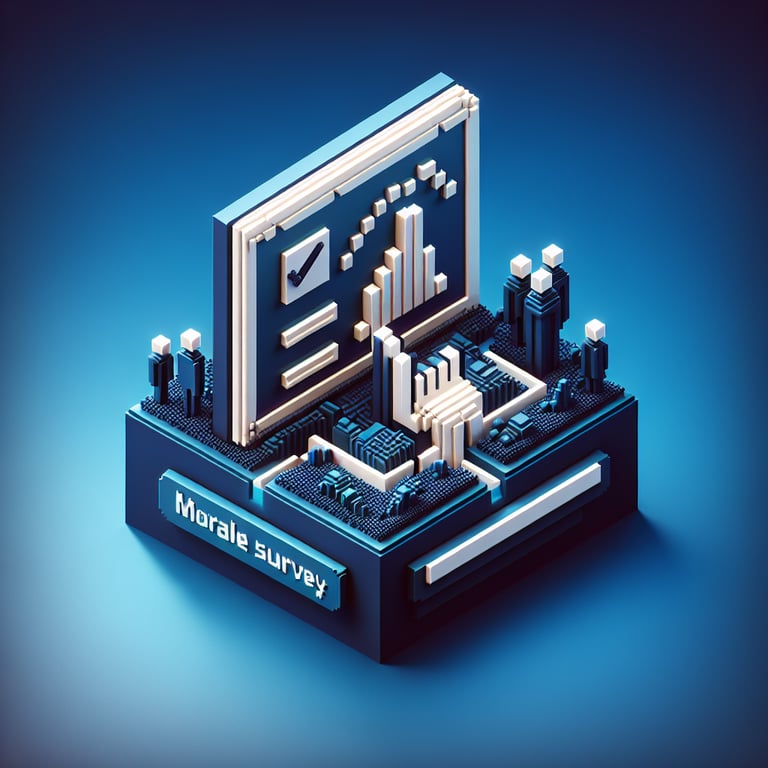 3D voxel art depicting the concept of online morale surveys against a dark blue background.