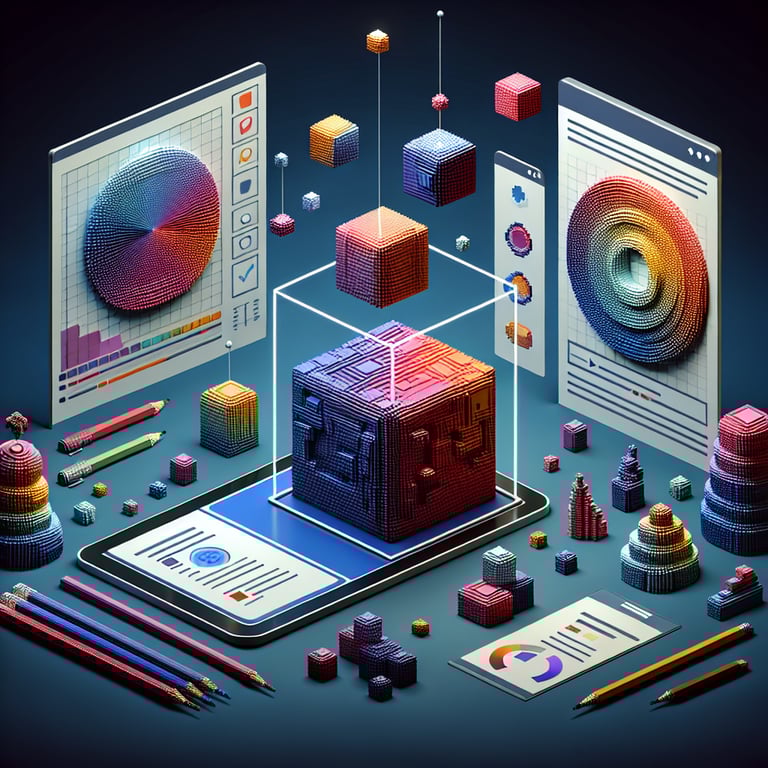 3D voxel art representing online color surveys on a dark blue background.