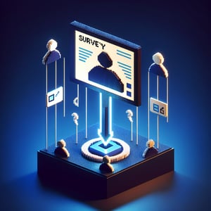 3D voxel art depicting online political ideology surveys, set against a dark blue background.