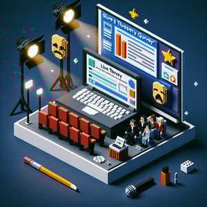 3D voxel art depicting online surveys concept on a dark blue background, themed around live theatre.